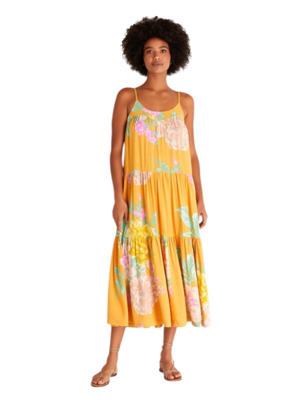 Z SUPPLY LAILA FLORAL TIERED Midi Flowy Festival YELLOW & PINK Tank DRESS SZ M